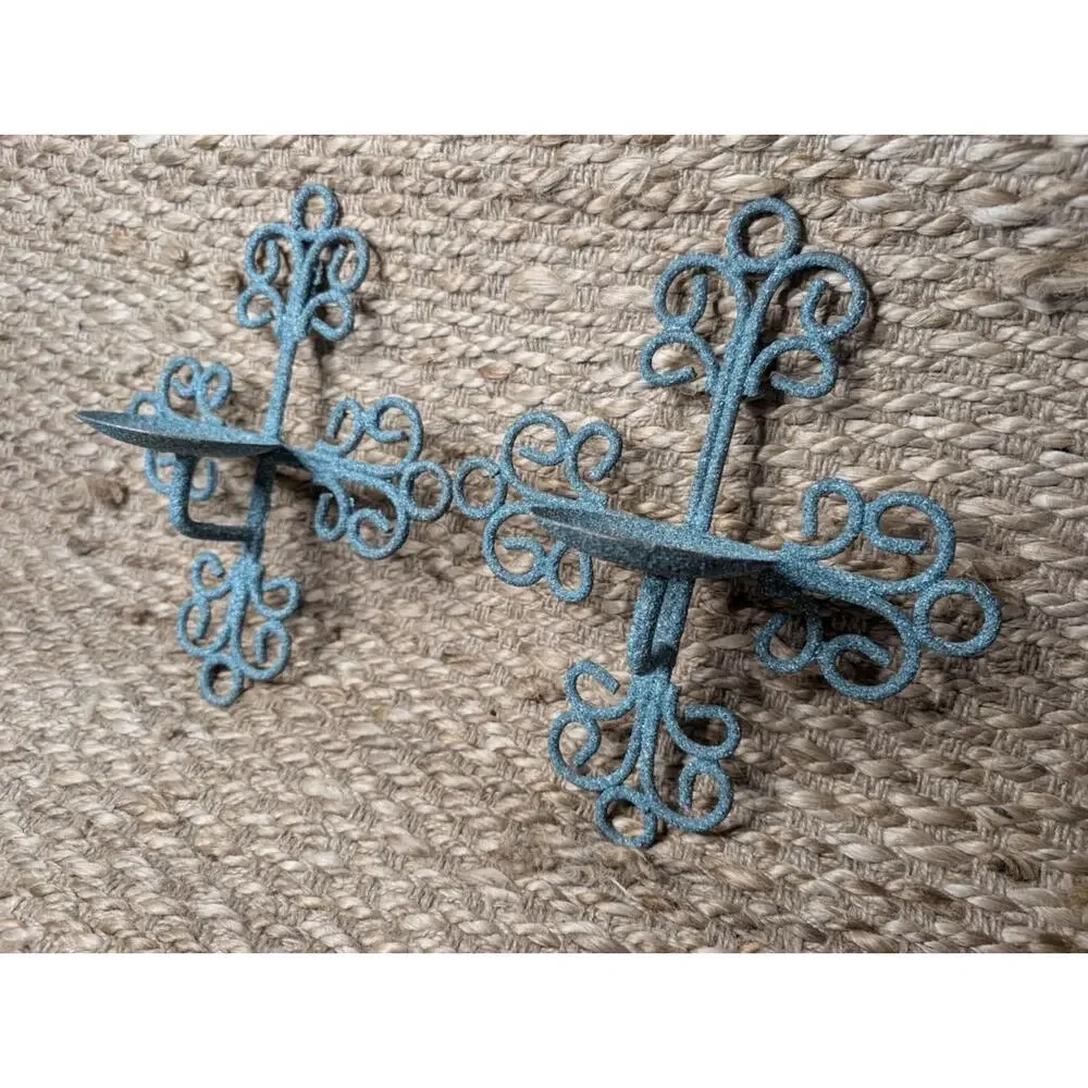 Vtg. Pair Of Metal Iron Cross Candle Holders Sconce Teal Blue Unique Home Decor